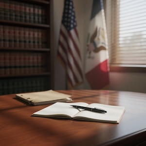Illinois Secretary of State reinstatement hearing officer reviewing documents at an administrative hearing
